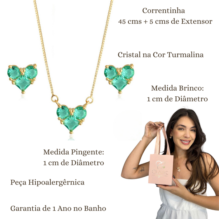 Conjunto Brinco Colar Pingente Coração Cristal Semijoias