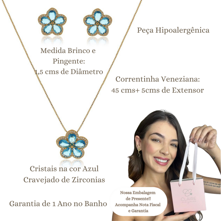 Conjunto Colar Flor Pingente Brinco Cristais Semijoias