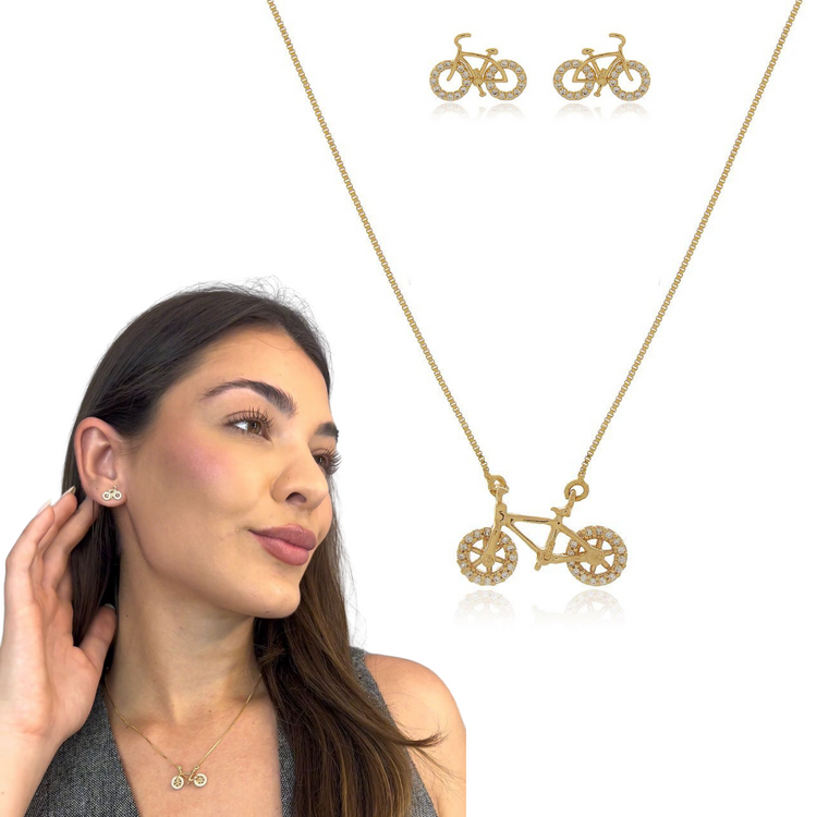 Conjunto de Brinco Colar e Pingente de Bicicleta Bike Banhado a Ouro 18K