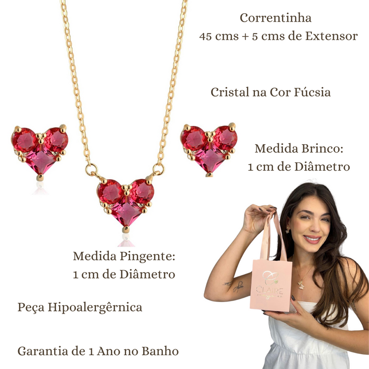 Conjunto Colar Pingente Brinco Semijoias Coração Cristal