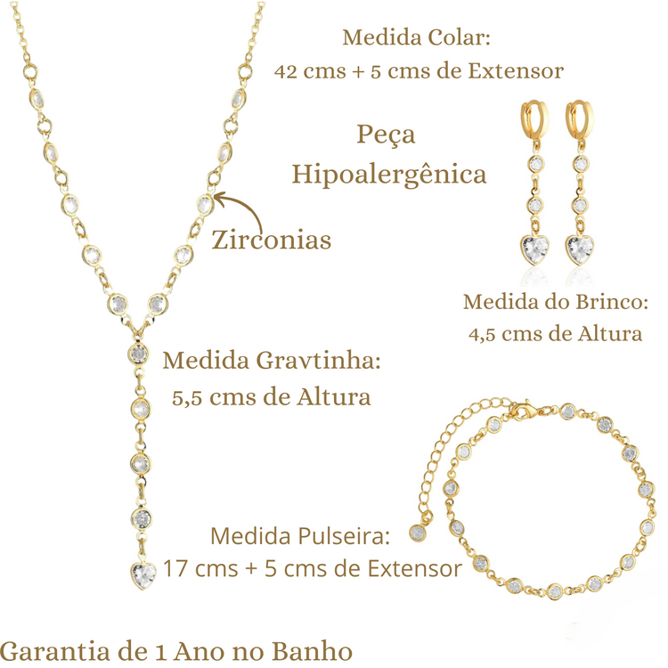 Conjunto Colar Brinco Pulseira Coração Gravatinha Semijoias