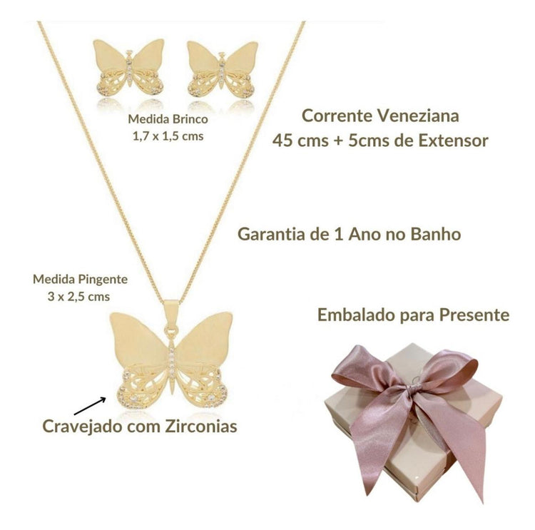 Conjunto Colar E Brinco Borboleta Presente Feminino Banho18k