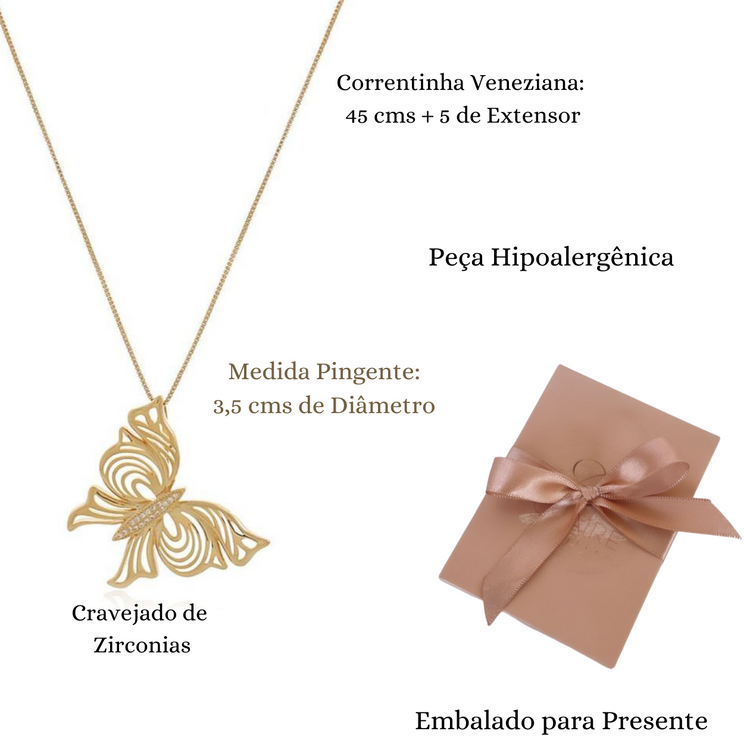 Gargantilha Cordão Borboleta Pingente Luxo Feminino Banhado