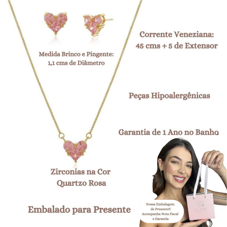 Conjunto Cordão Pingente Brinco Coração Cristal Banhado Ouro