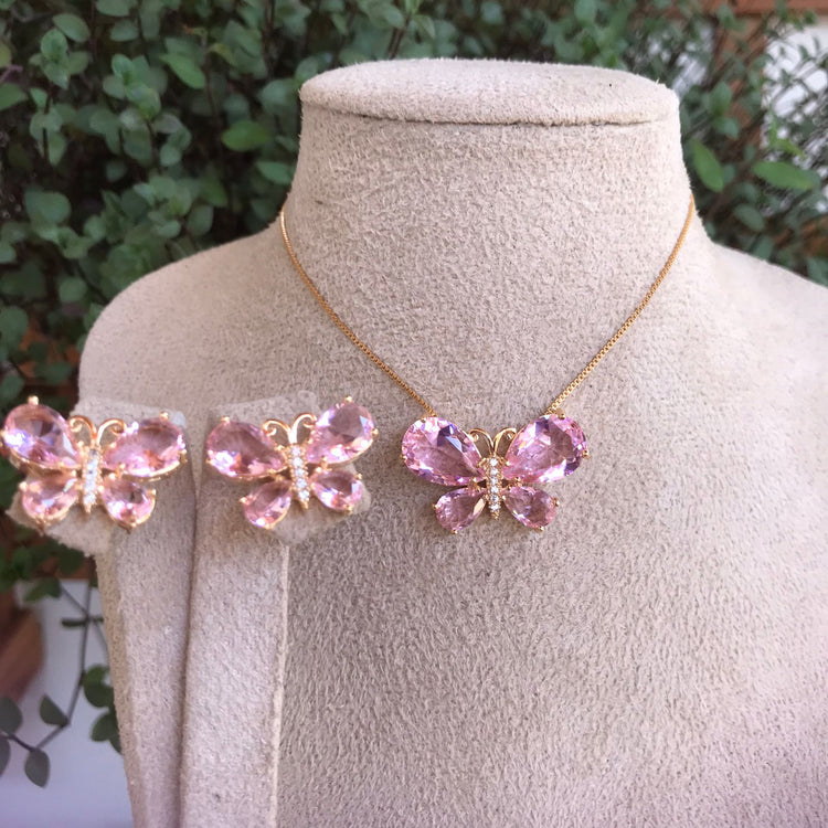 Conjunto Colar e Brinco Borboleta Cristal Rosa