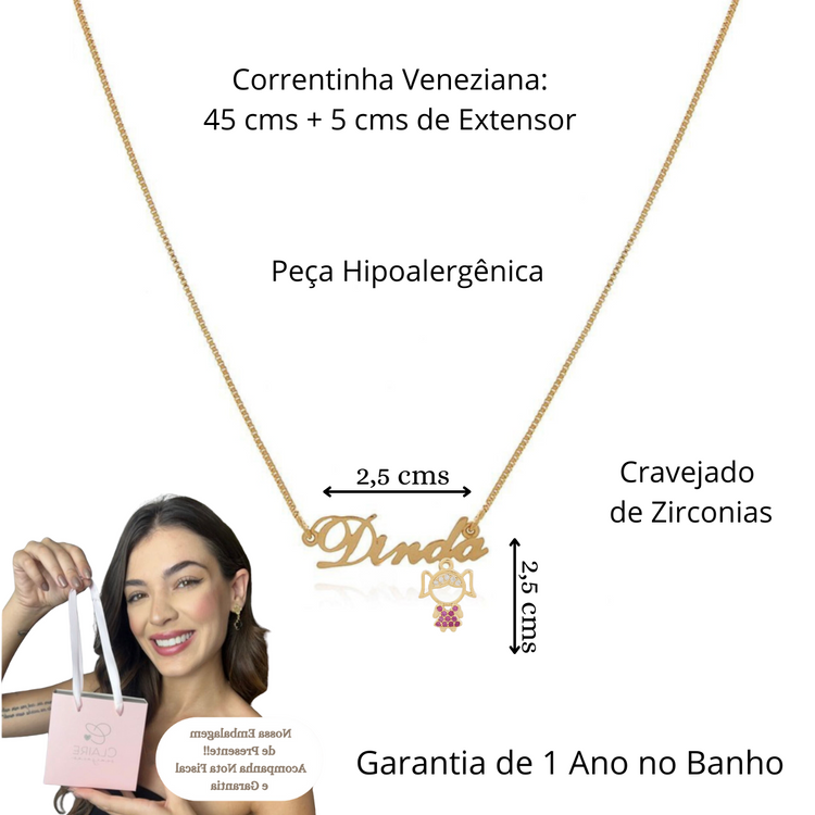 Colar Dinda Menina Afilhada Madrinha Banhado a Ouro Batizado