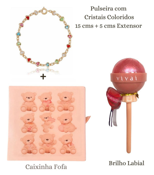 Pulseira Infantil Feminino Cristais Colorido Banhada a Ouro