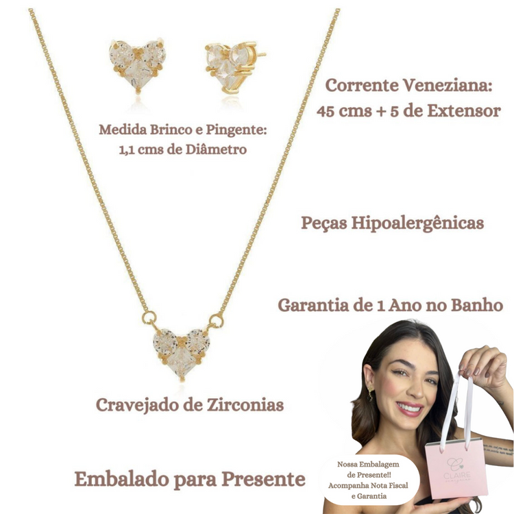 Cordão Pingente Brinco Coração Cristal Semijoias Feminino