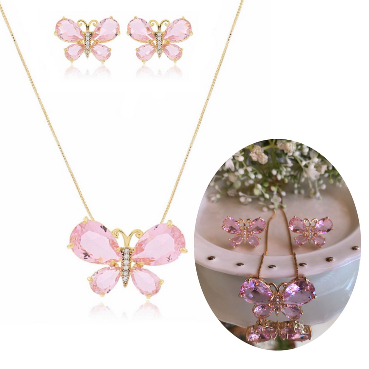 Conjunto Colar e Brinco Borboleta Cristal Rosa