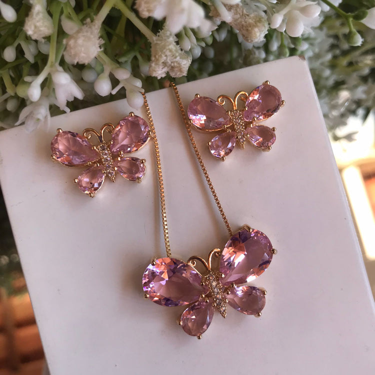 Conjunto Colar e Brinco Borboleta Cristal Rosa