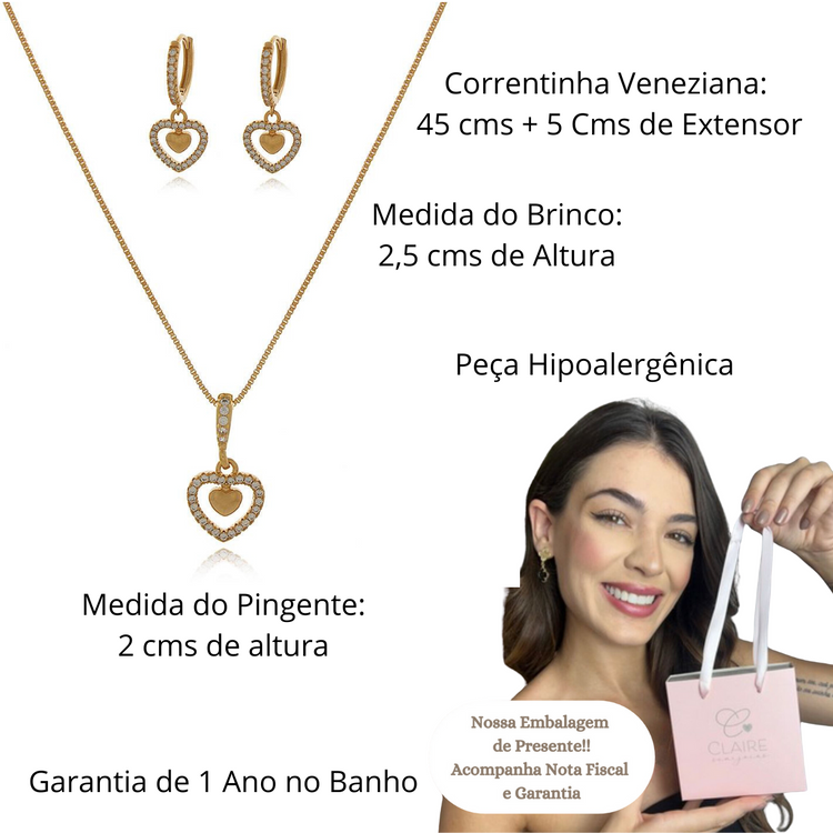 Conjunto Coração Pingente Brinco Delicado Semijoias Banhado