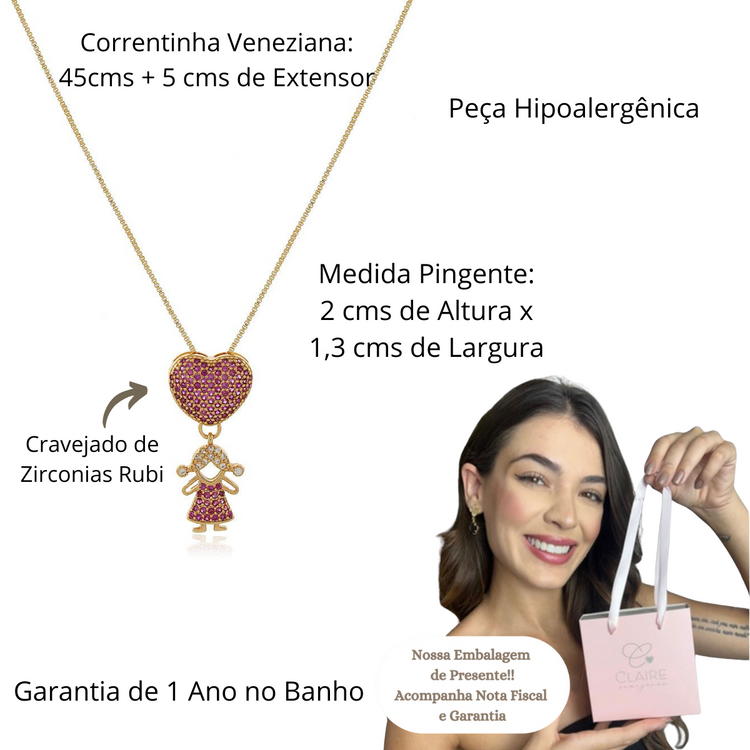 Colar Pingente Filha Cravejado Zircônias Menina Banhado Ouro