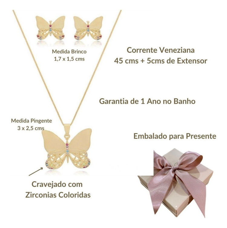 Conjunto Colar E Brinco Borboleta Presente Semijoia Banho18k