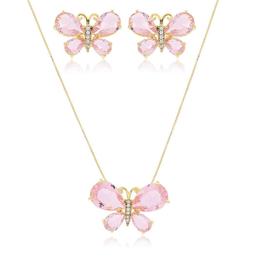 Conjunto Colar e Brinco Borboleta Cristal Rosa