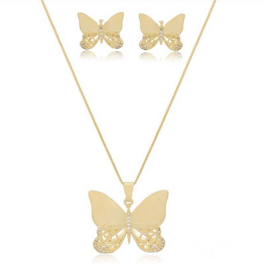 Conjunto Colar E Brinco Borboleta Presente Feminino Banho18k