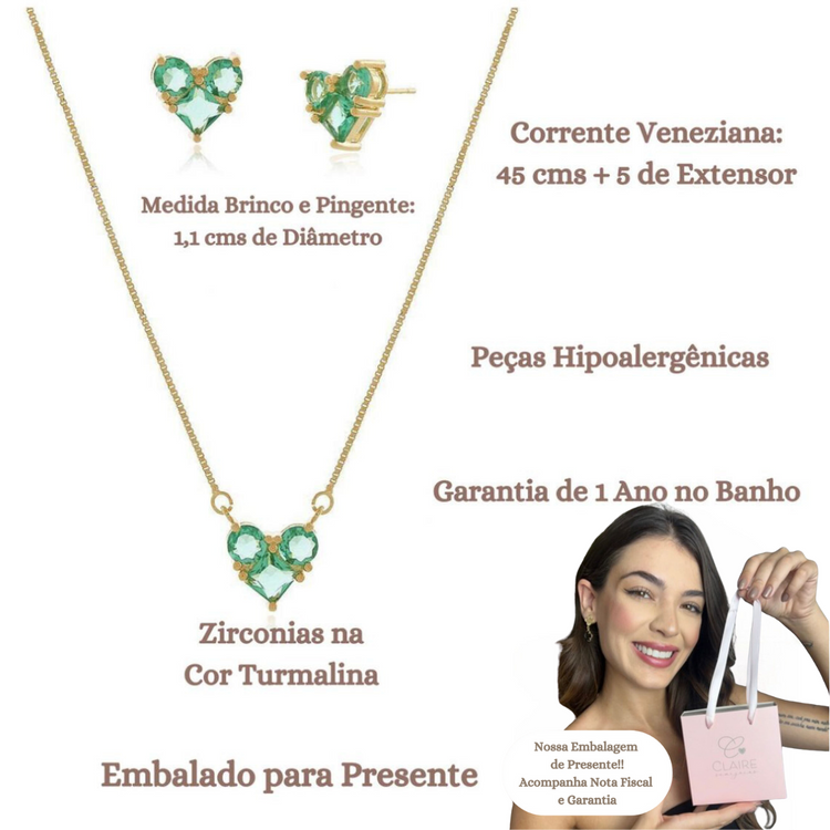 Conjunto Colar Brinco Pingente Coração Cristal Banhada Ouro