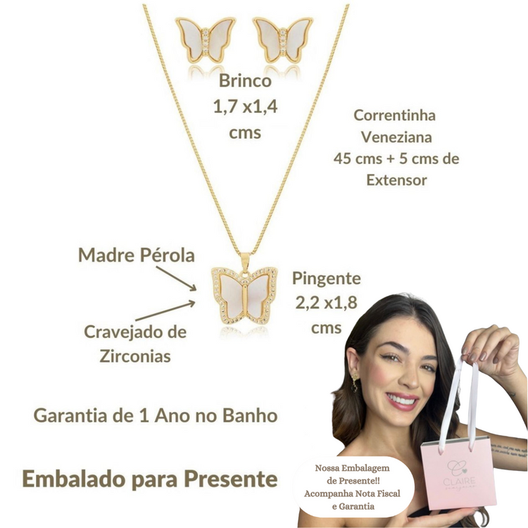 Conjunto Cordão Pingente Brinco Borboleta Madreperola Banhada