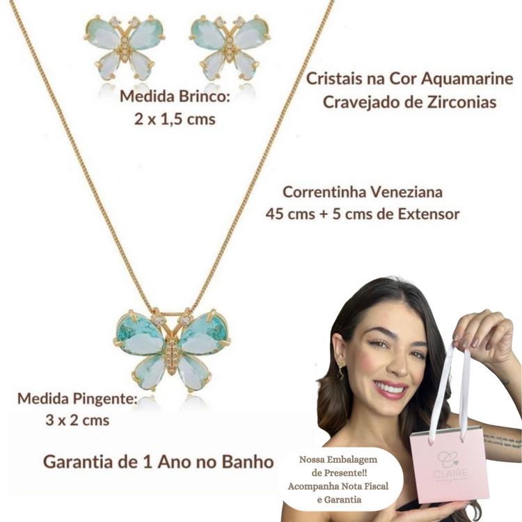 Conjunto Colar Brinco Pingente Borboleta Azul Semijoias