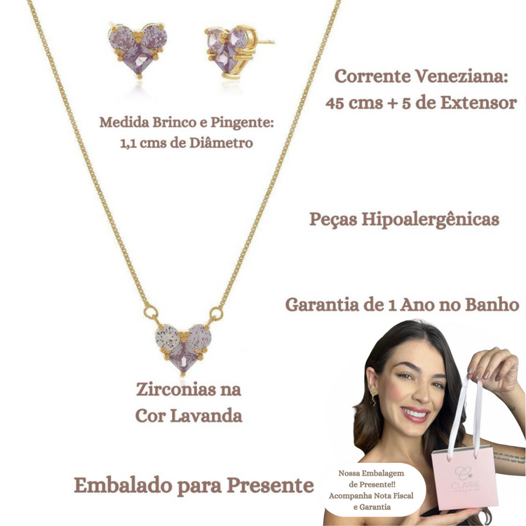 Conjunto Colar Brinco Pingente Coraçâo Cristal Banho Ouro