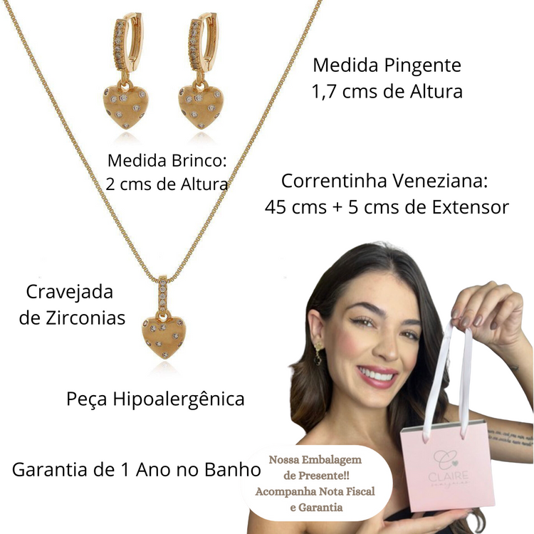 Conjunto Colar Pingente Brinco Coração Zirconia Banhado Ouro